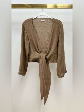 (113108-CML) LINEN LONG SLEEVE TIE TOP